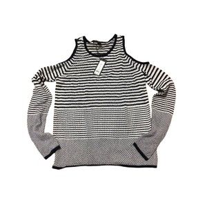 Romeo and Juliet Couture Cold Shoulder Knit Top Size Medium Navy/White NWT